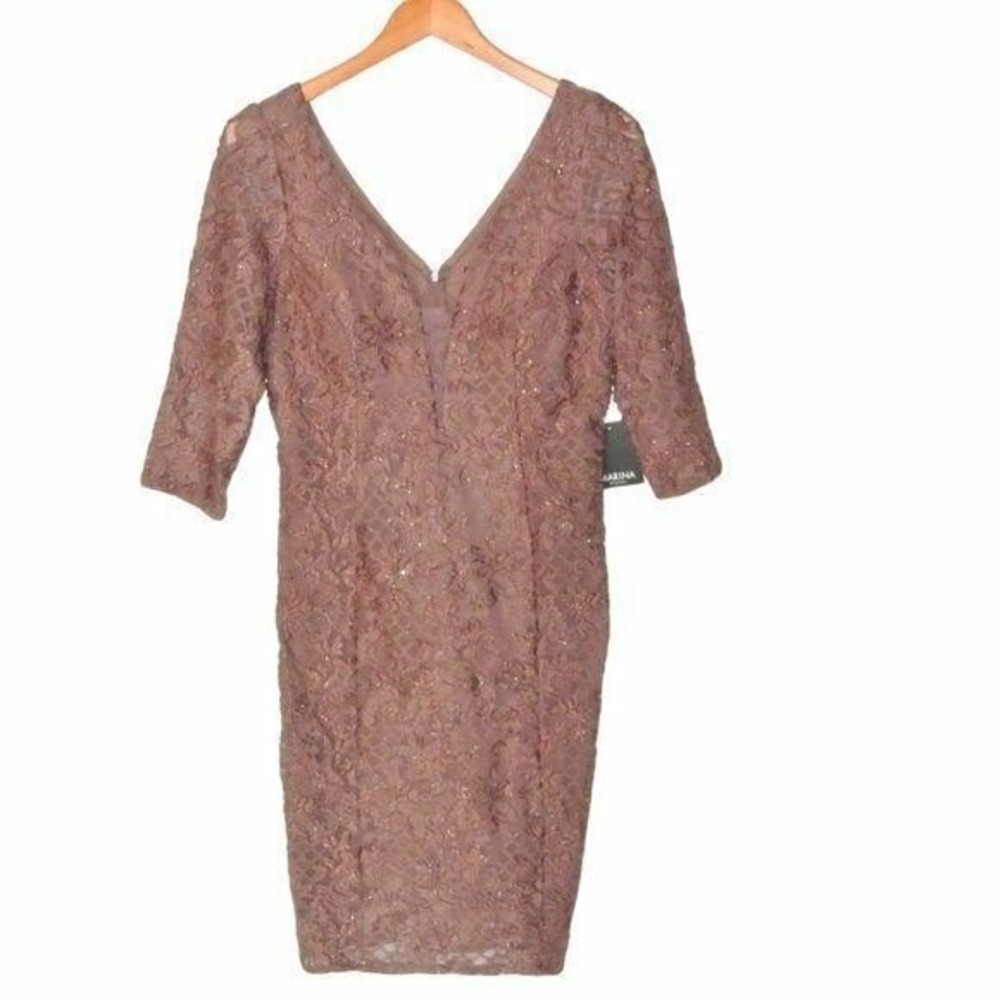 MARINA Metallic Lace Plunge Neck Dress 8 NWT